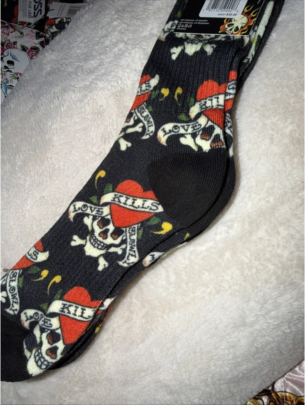 ED HARDY Mens Cushioned Designer CREW SOCKS 3 Pair Stretch Black